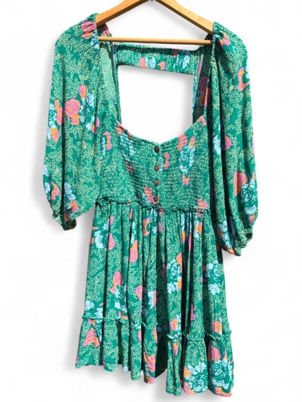 Free People Teal Green Floral Puff-Sleeve Woman's Dress with Button Bodice SizeM